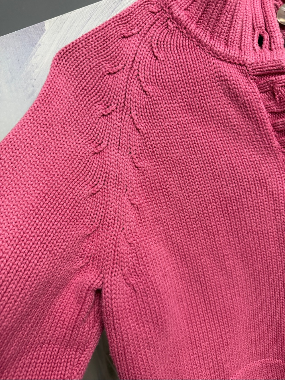 Vintage 90s Lands’ End Pink Cotton Cardigan Sweater L/P 14-16 Knit Fisherman - Picture 3 of 11